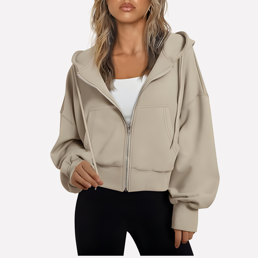 Women's cropped zip jacket, relaxed fit and drawstring detail for a casual look.