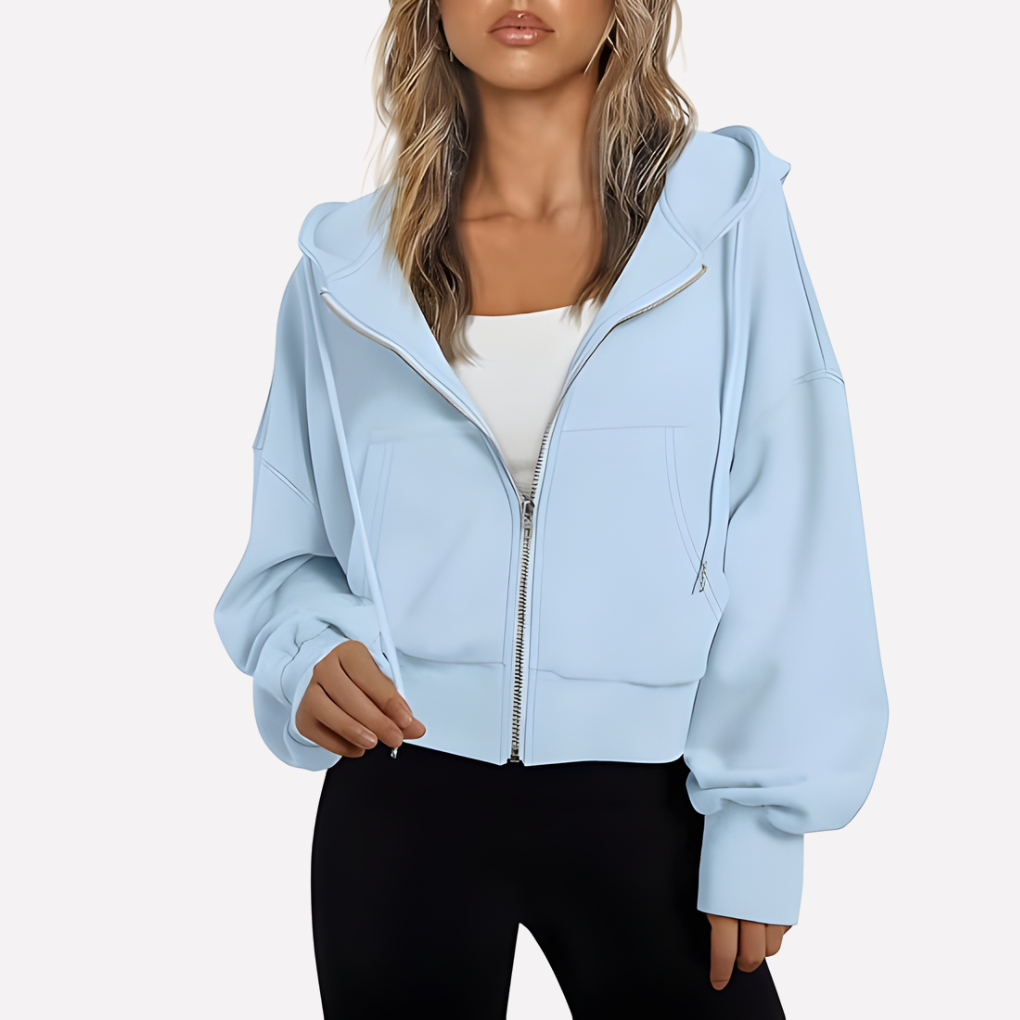 Versatile women's hoodie: relaxed fit, cropped style, full zip, and drawstring.