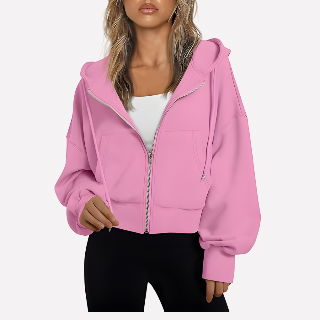 Chic women's cropped zip-up jacket, relaxed fit, drawstring hood, casual fashion.