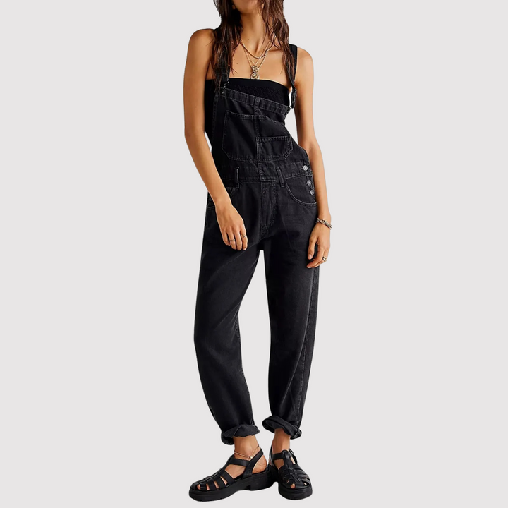 Comfortable women's relaxed-fit overalls, perfect everyday denim bottoms for a casual, fashion-forward look.