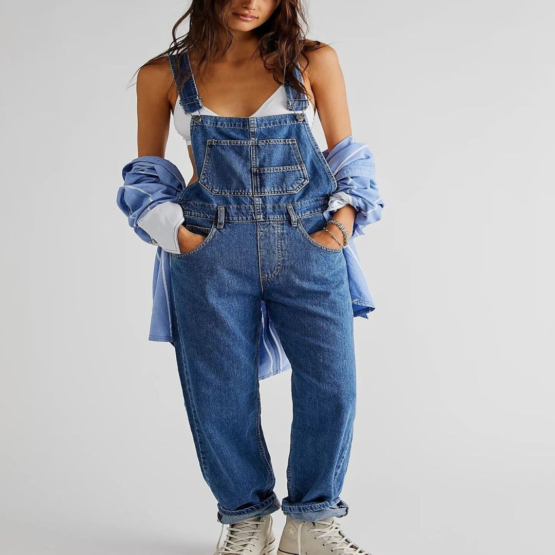 Versatile women's relaxed-fit denim overalls, ideal for casual fashion, comfort, and easy spring/summer styling.