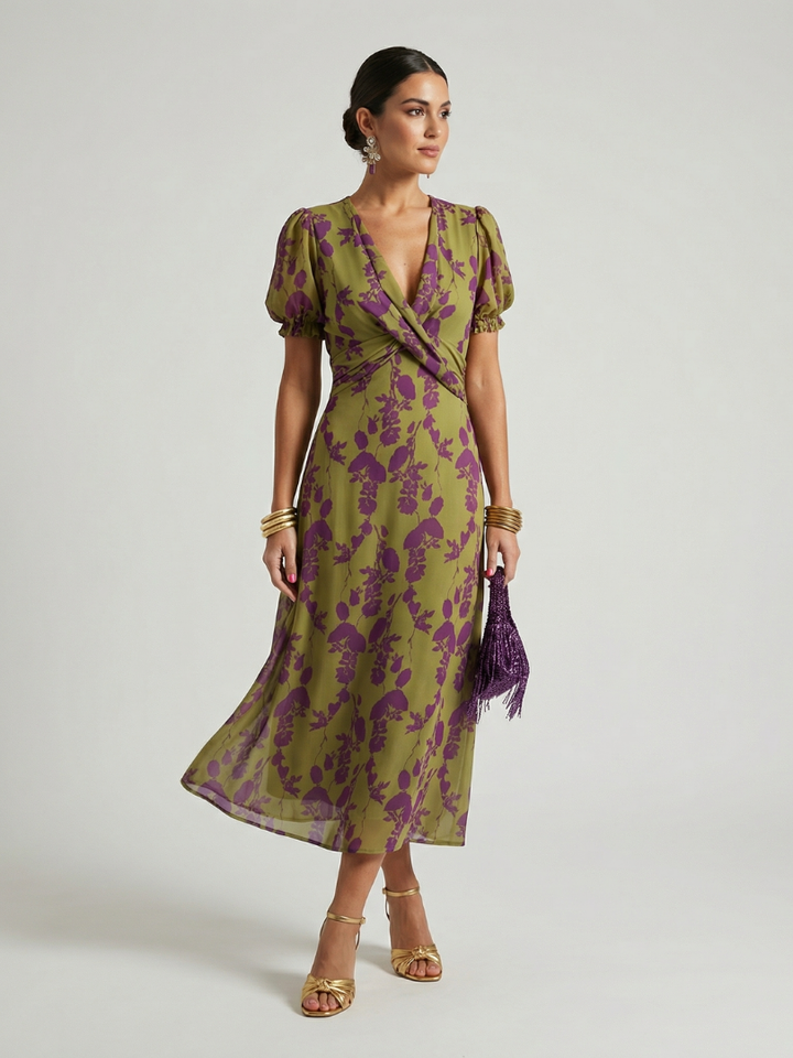 Women's relaxed fit floral midi dress with a wrap V-neck and short sleeves, perfect for summer casual wear.