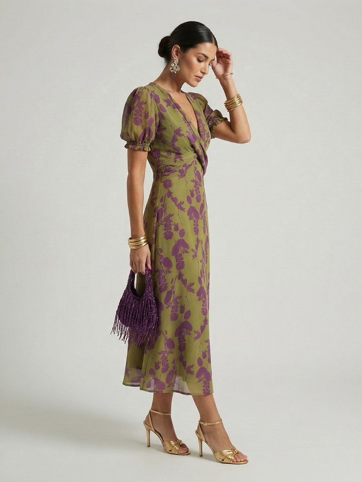 Elegant women's floral wrap midi dress, featuring a flattering V-neck, ideal for everyday and summer outings.