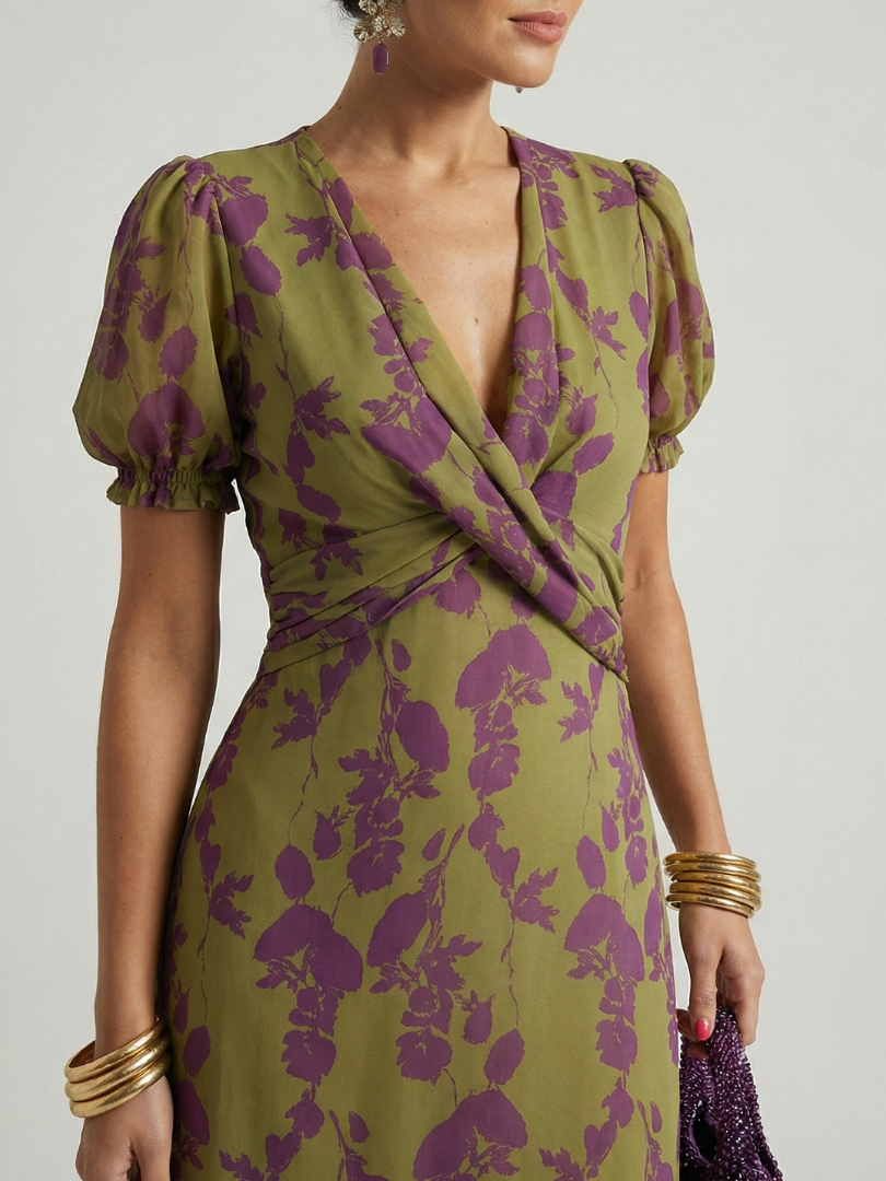 Comfortable relaxed fit floral midi dress for women, with a chic wrap front and short sleeves, for casual elegance.