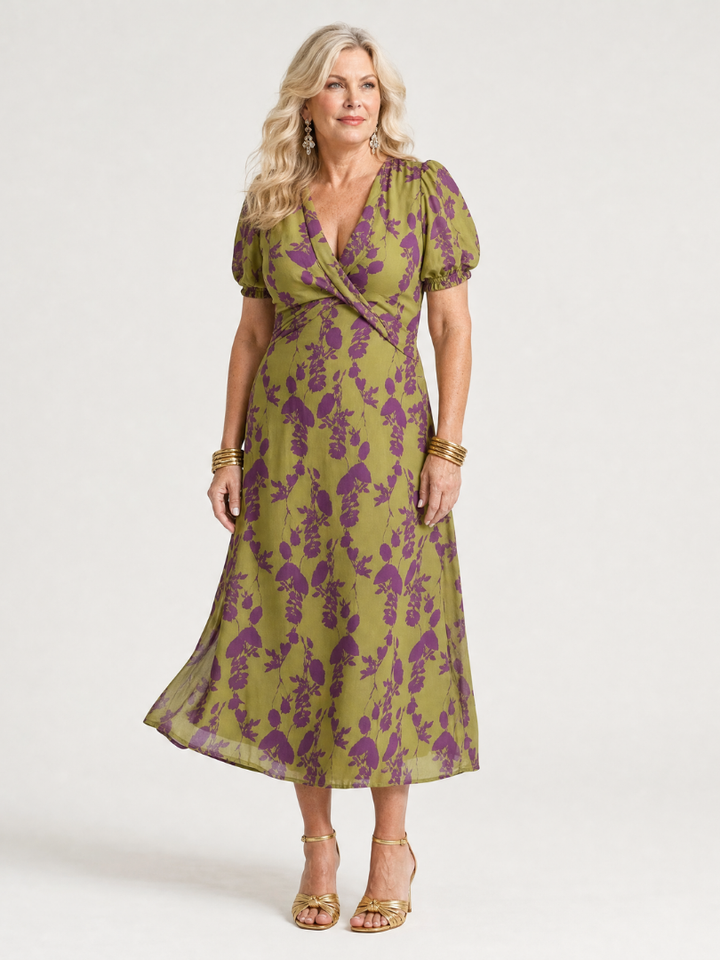 Versatile women's floral wrap midi dress, with a V-neck and short sleeves, great for casual or everyday wear.