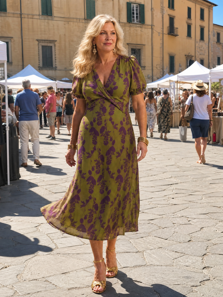Beautiful floral pattern on this women's relaxed midi dress, with a wrap V-neck and short sleeves, a summer essential.