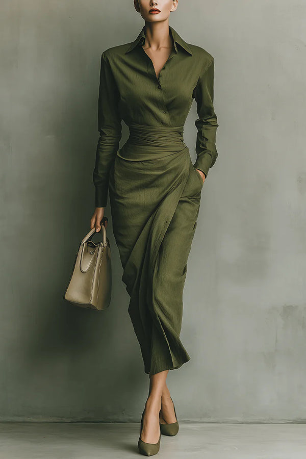 Women's relaxed fit green midi dress with classic button-front & long sleeves, perfect for versatile elegant styling.
