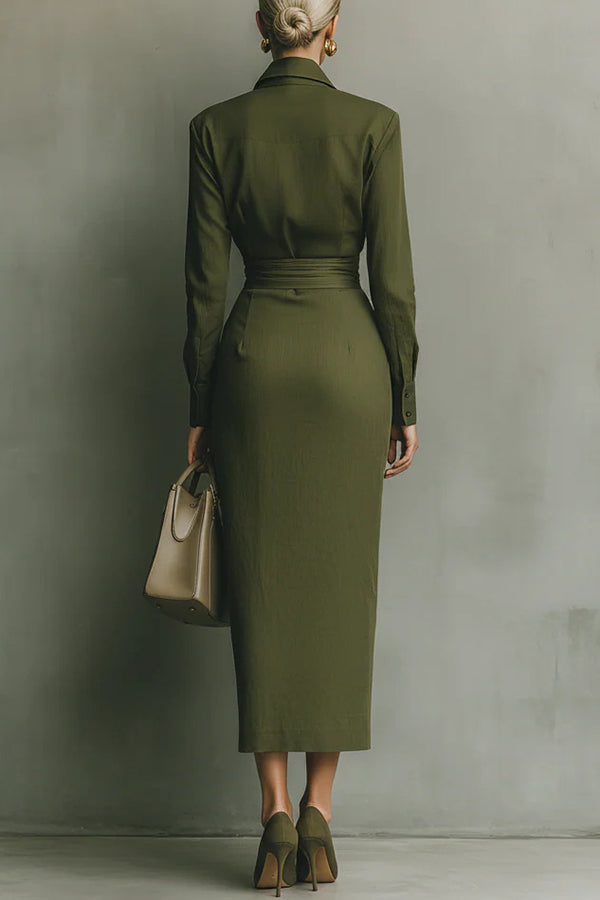 Elegant women's relaxed green midi dress featuring a stylish button-front design and comfortable long sleeves.