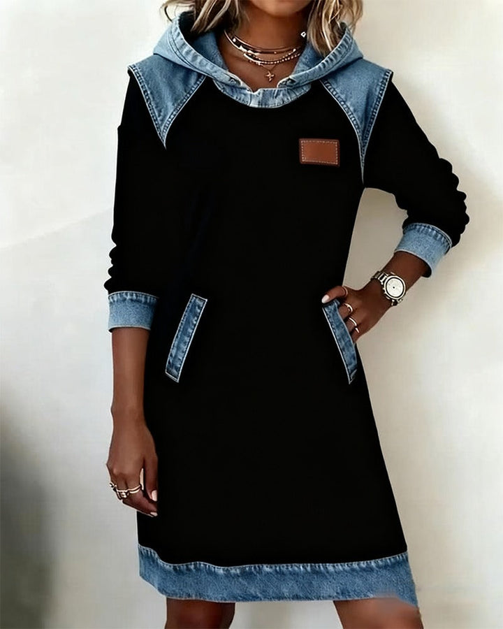 Women's relaxed fit hooded dress in black, perfect for casual style & everyday comfort. Versatile long sleeve fall/spring dress.