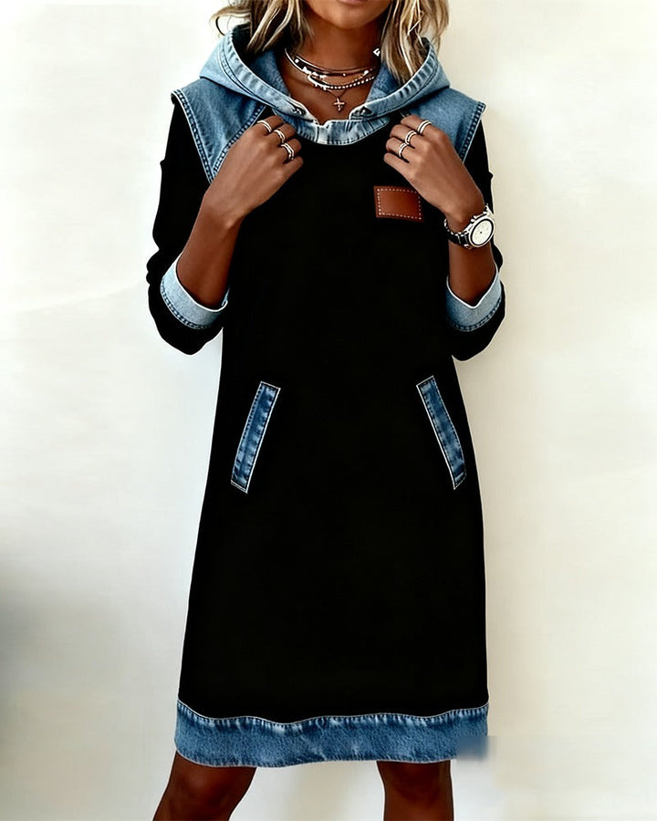 Grey women's relaxed fit hooded dress, ideal for urban chic and casual everyday comfort. Modern long sleeve style.