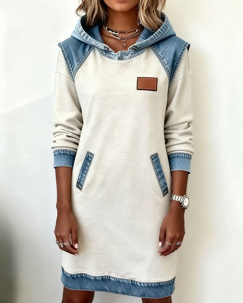 Women's modern relaxed fit hooded dress for urban chic casual style. Long sleeve, versatile, everyday comfort.