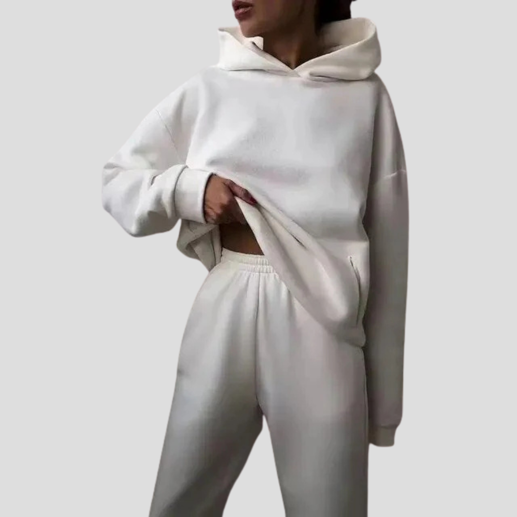 Women's cozy winter hoodie and jogger set. Comfortable relaxed fit loungewear for everyday casual wear.