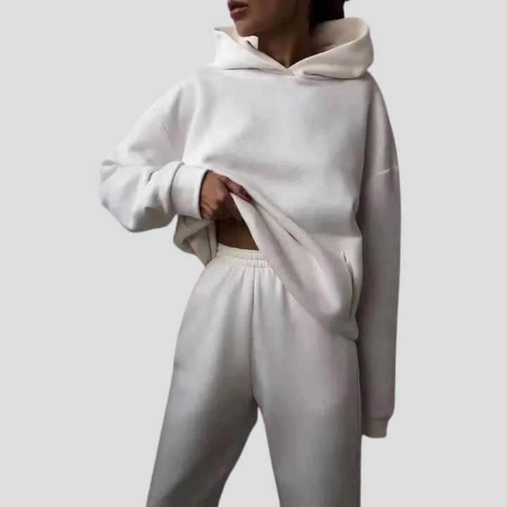 Women's cozy winter hoodie and jogger set. Comfortable relaxed fit loungewear for everyday casual wear.