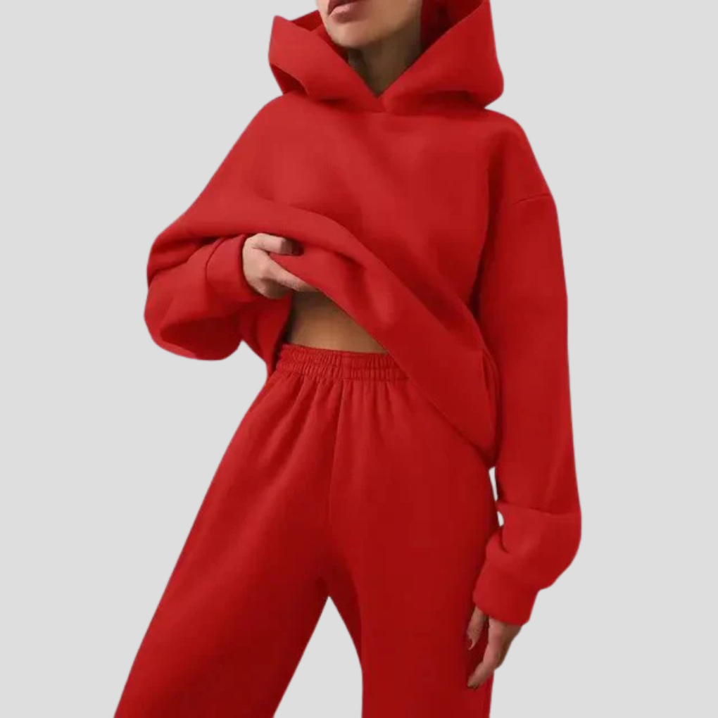 Winter-ready women's two-piece hoodie and jogger set, ultimate cozy loungewear for chilly days.