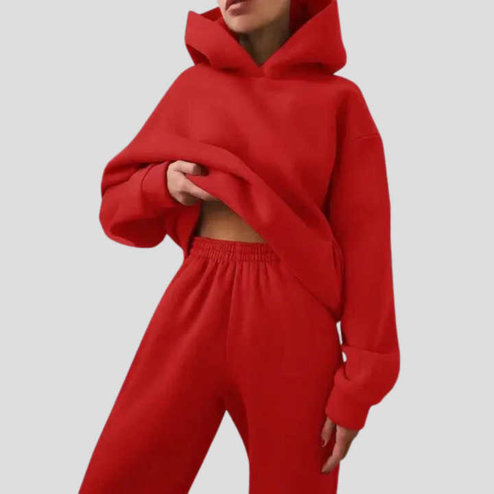 Winter-ready women's two-piece hoodie and jogger set, ultimate cozy loungewear for chilly days.