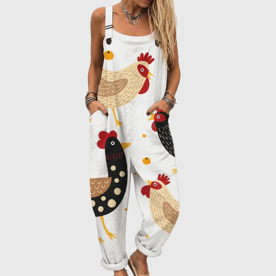 Women's relaxed fit jumpsuit with rustic rooster print, ideal for casual summer or spring wear. Comfortable & boho chic style.