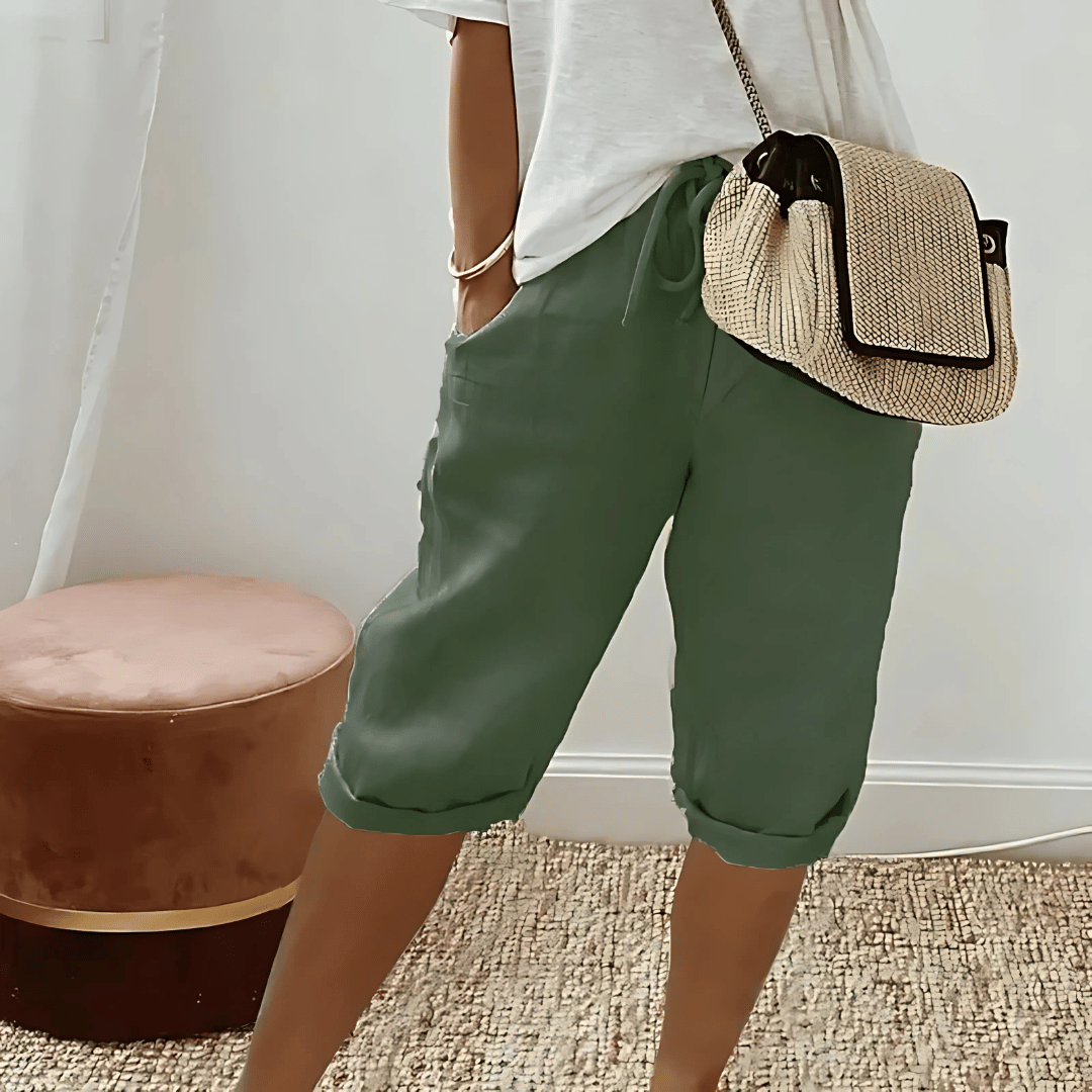 Knee-length women's harem shorts with a relaxed fit, great for casual summer outfits & effortless style.
