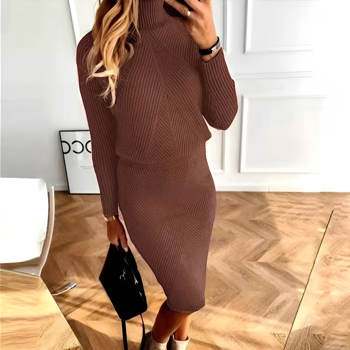 Women's relaxed knit sweater dress. Comfortable long sleeve midi, perfect for effortless casual & elegant style.