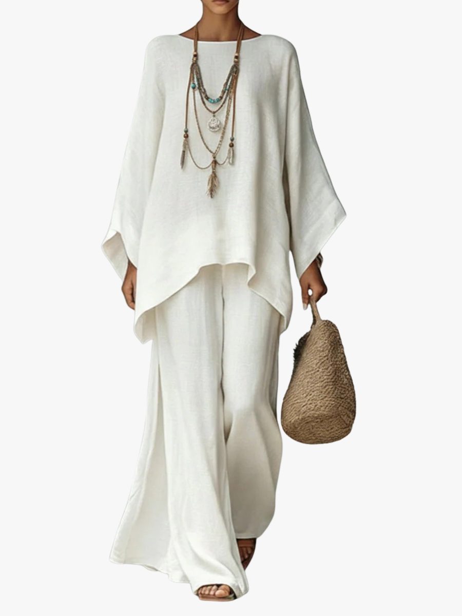 Women's relaxed fit linen maxi two-piece set, perfect for summer vacation or beachwear.