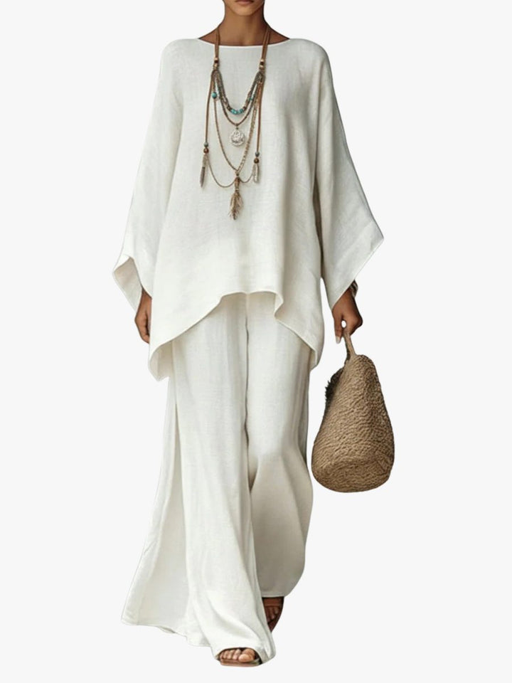 Women's relaxed fit linen maxi two-piece set, perfect for summer vacation or beachwear.