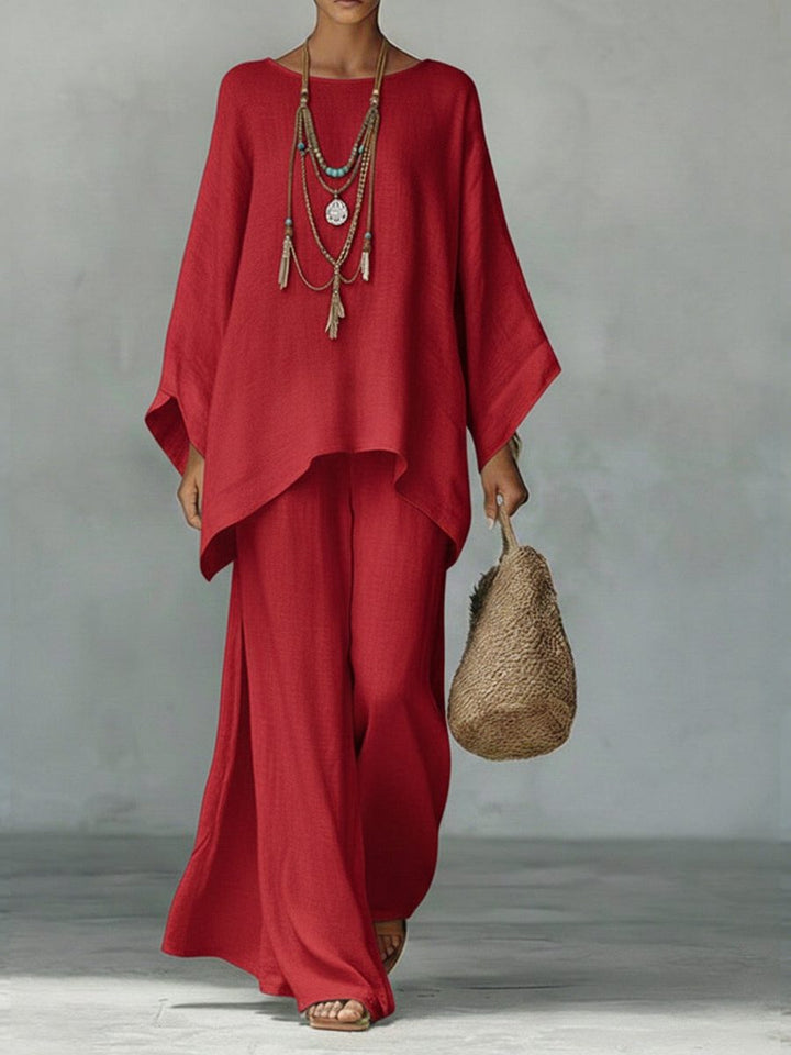 Breathable linen maxi two-piece set for women, with a chic poncho top and comfortable straight leg pants.