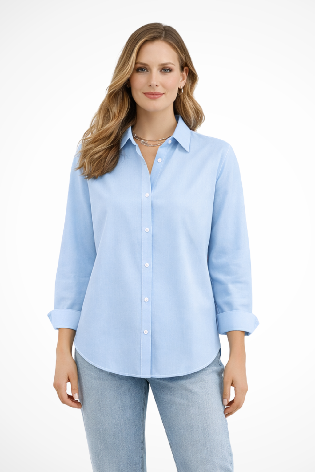 Stylish women's relaxed fit long sleeve button-down collared shirt, a versatile casual blouse.