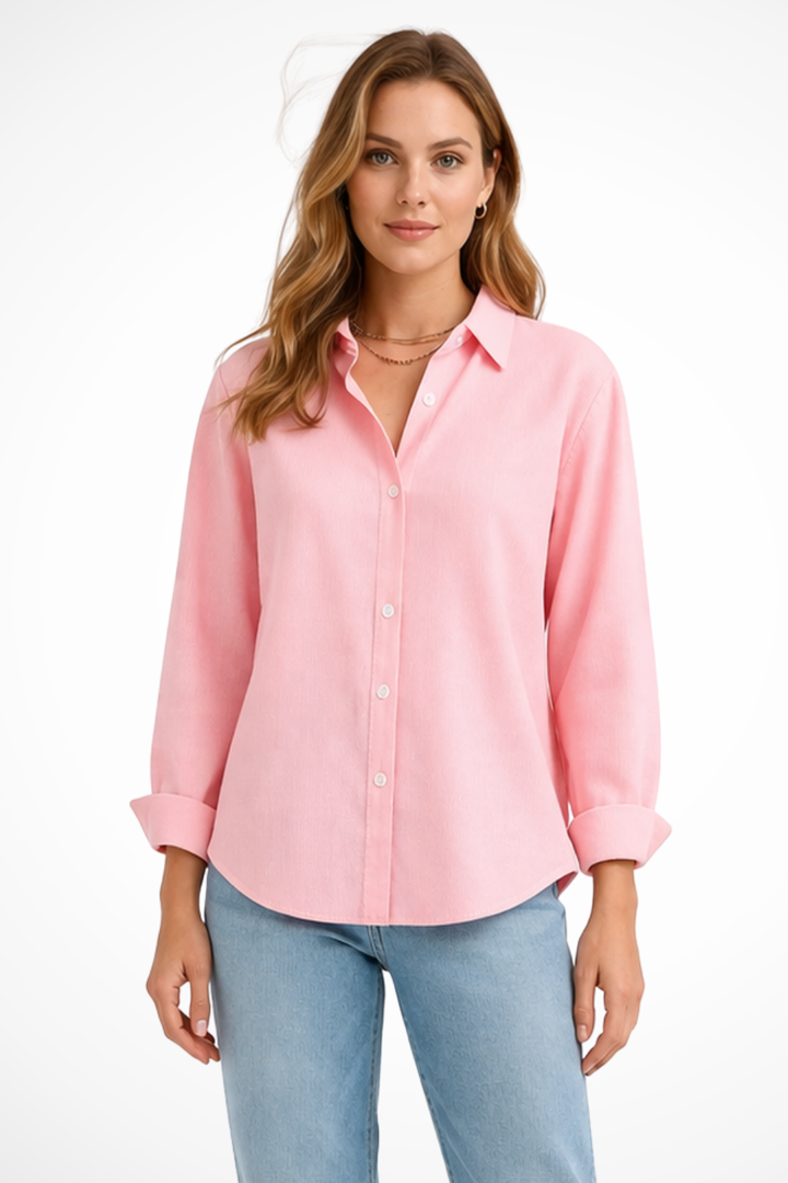 Classic white women's button-down, relaxed fit, long sleeve collared shirt for versatile styling.