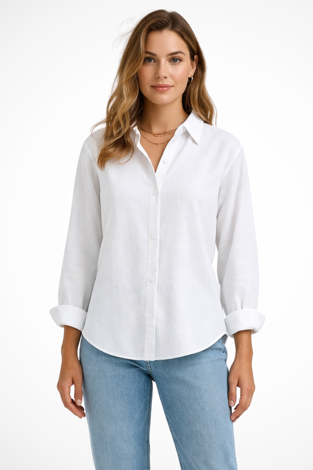 Fashionable women's relaxed fit long sleeve button-down shirt, a chic collared blouse.
