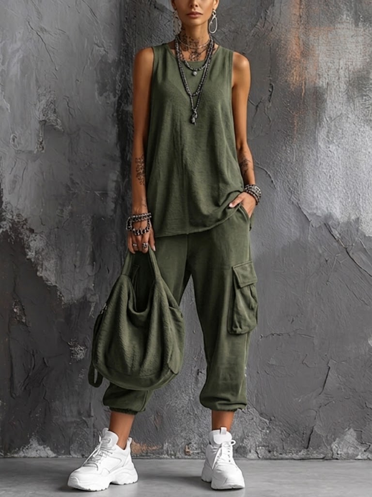 Green women's two-piece loungewear set. Sleeveless tank top & relaxed fit cargo pants for everyday comfort.