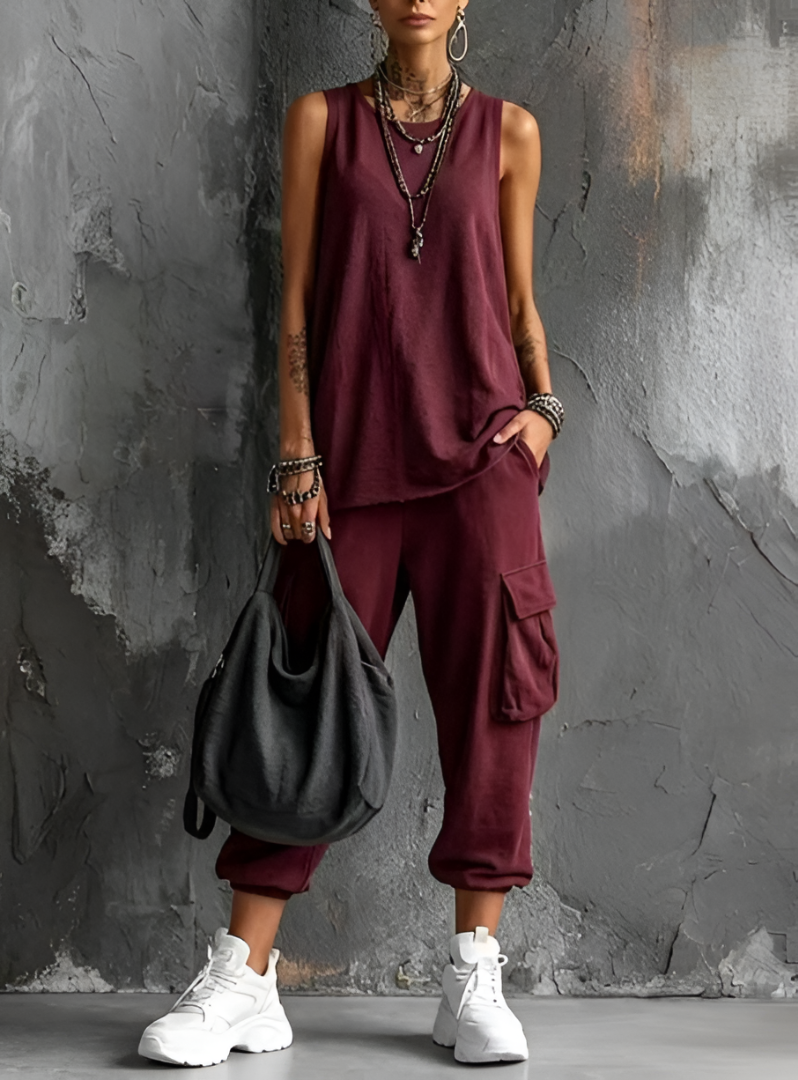 Black women's relaxed fit loungewear set with a casual tank top & cargo trousers. Perfect for summer outfits.