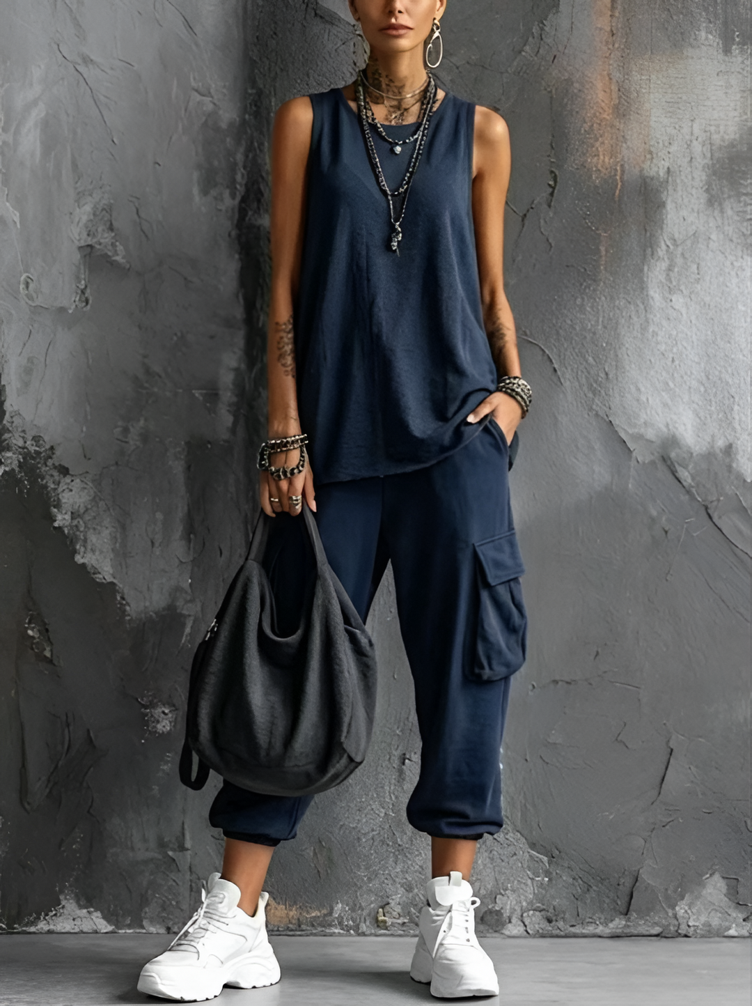 Women's two-piece loungewear set: relaxed fit tank top & trendy cargo trousers. Perfect for casual summer wear.