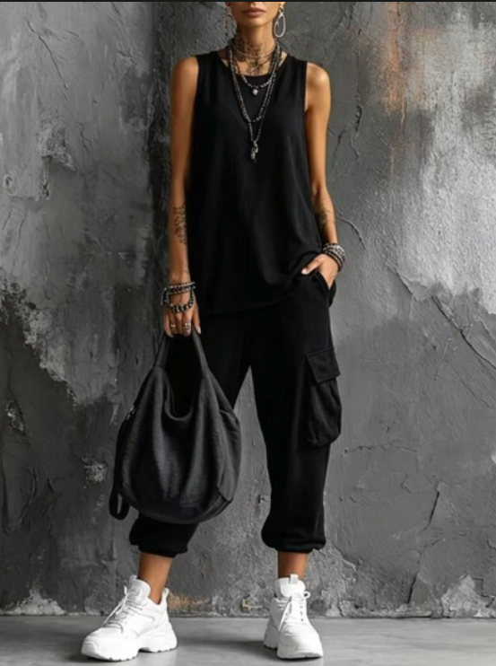 Women's black casual loungewear set with a sleeveless tank top & relaxed fit cargo pants. Summer fashion.