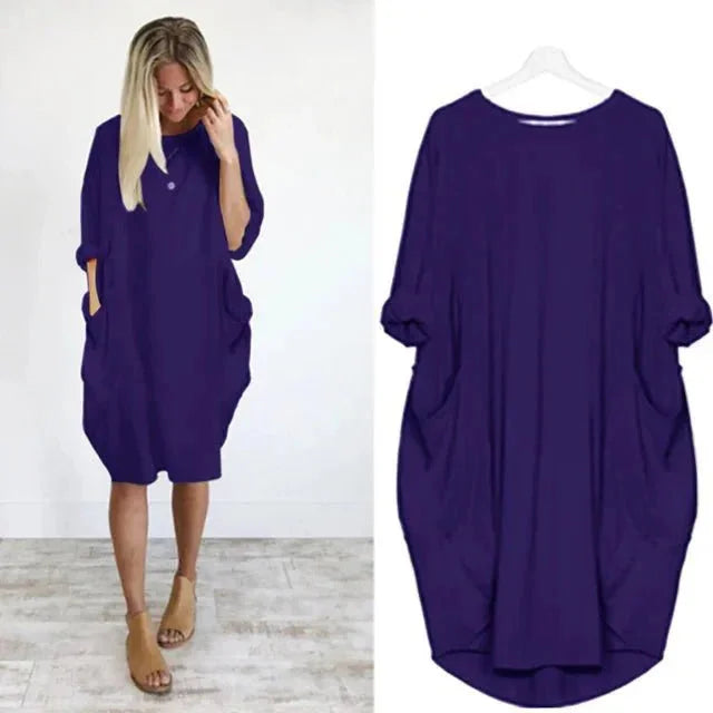 Versatile women's oversized midi dress, 3/4 sleeves & pockets, ideal for comfortable casual summer style.