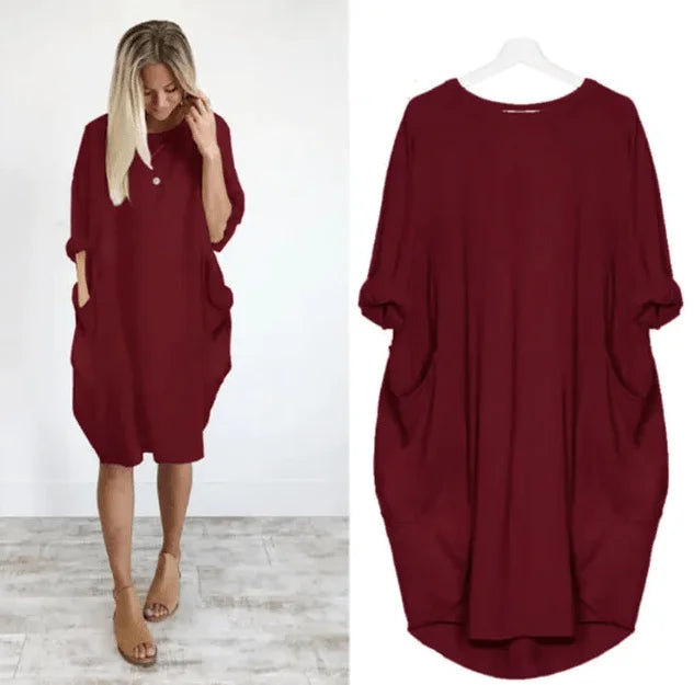 Oversized women's midi dress, casual & comfortable with 3/4 sleeves and useful side pockets.