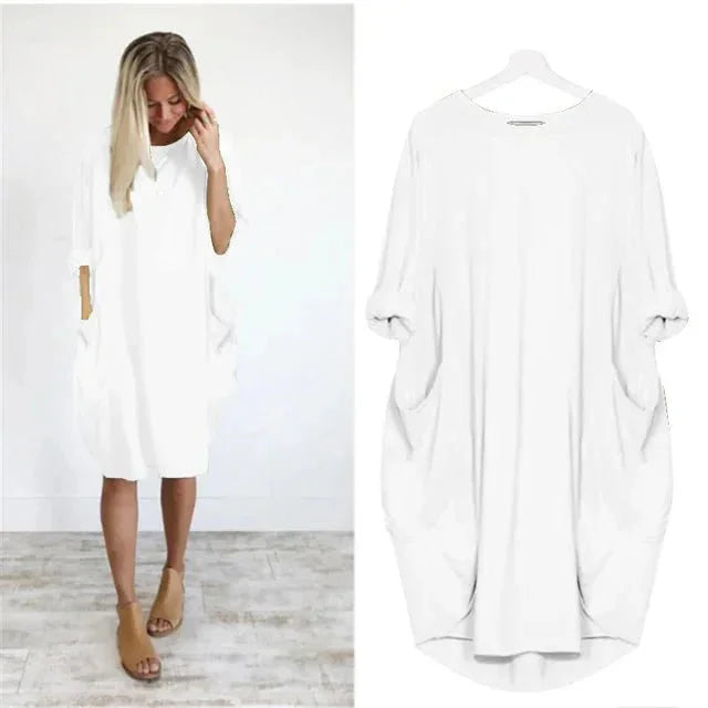 Everyday women's midi dress, relaxed fit, 3/4 sleeves & pockets for easy, comfortable style.