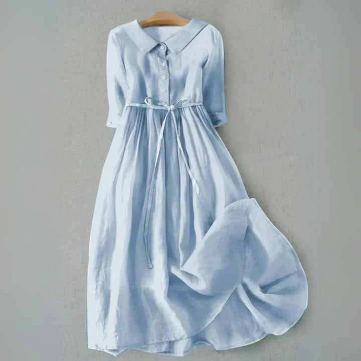 Women's relaxed fit midi dress with collar, 3/4 sleeves & tie waist. Perfect for casual comfort.