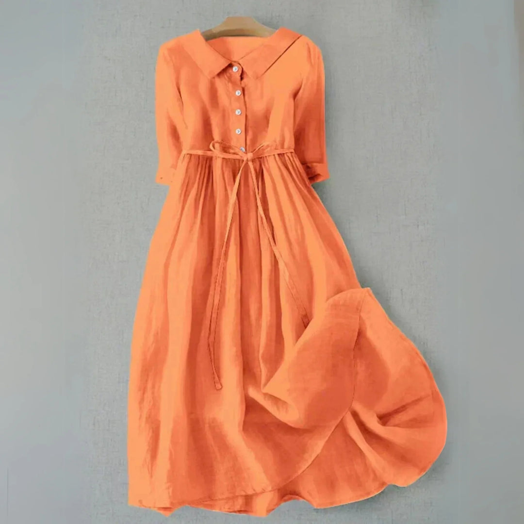 Comfortable women's collared midi dress, relaxed fit, 3/4 sleeves. Ideal for spring/summer everyday wear.