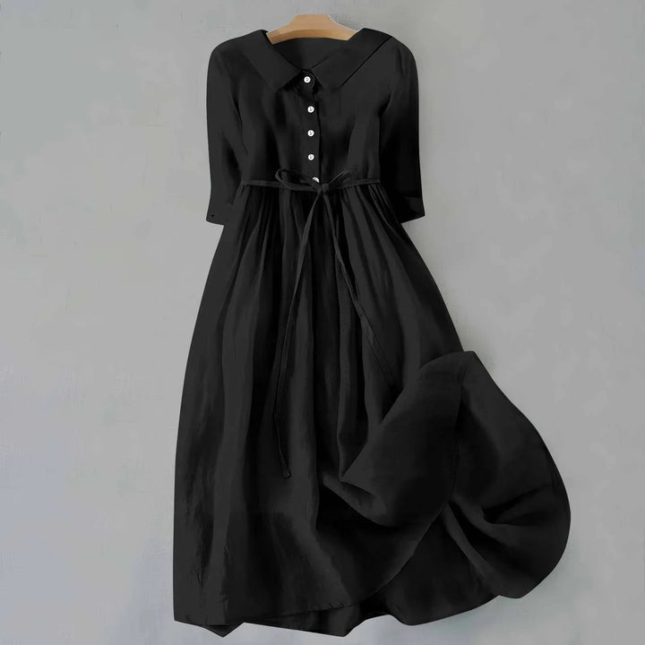 Relaxed fit women's midi dress with 3/4 sleeves & collar for ultimate comfort. Great for plus size.