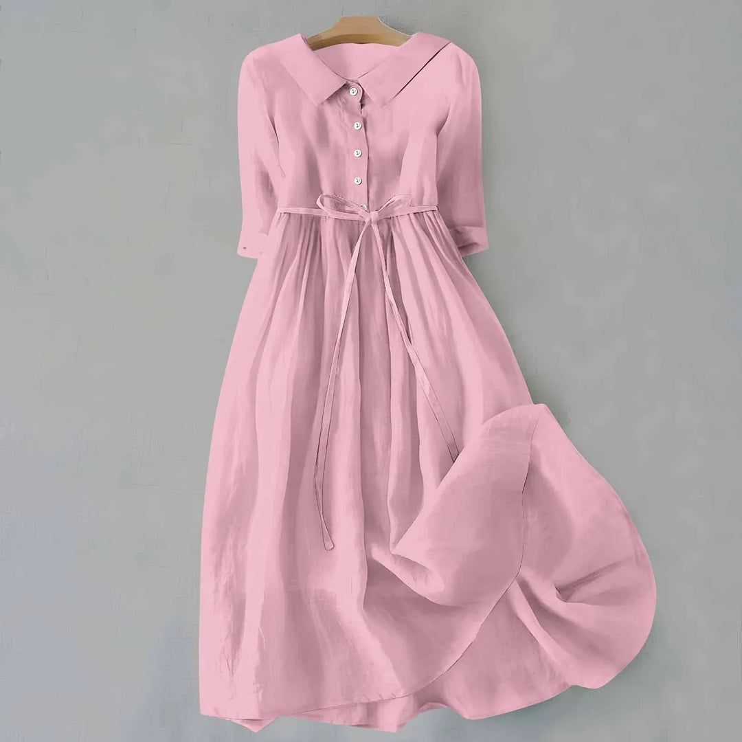 Chic collared midi dress for women, 3/4 sleeves, tie waist, comfortable relaxed fit. Everyday style.