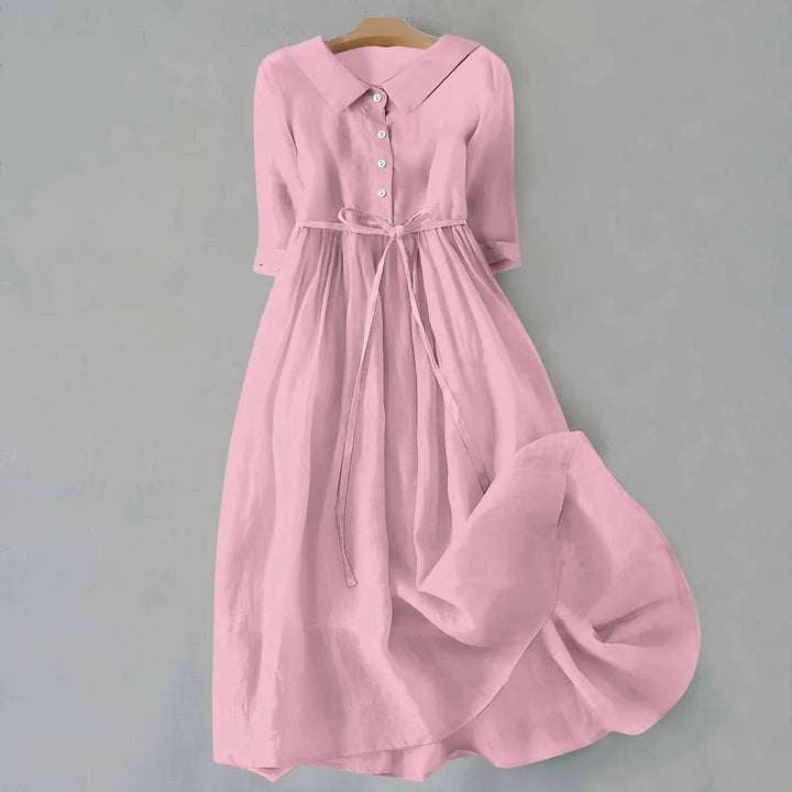 Chic collared midi dress for women, 3/4 sleeves, tie waist, comfortable relaxed fit. Everyday style.