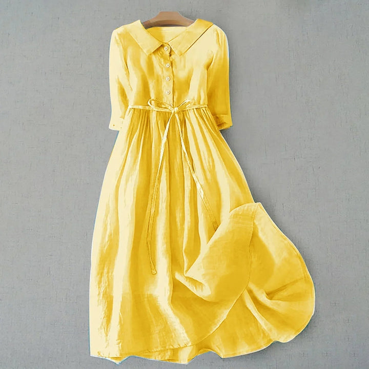 A-line relaxed fit midi dress for women, with a chic collar & practical 3/4 sleeves. Everyday elegance.