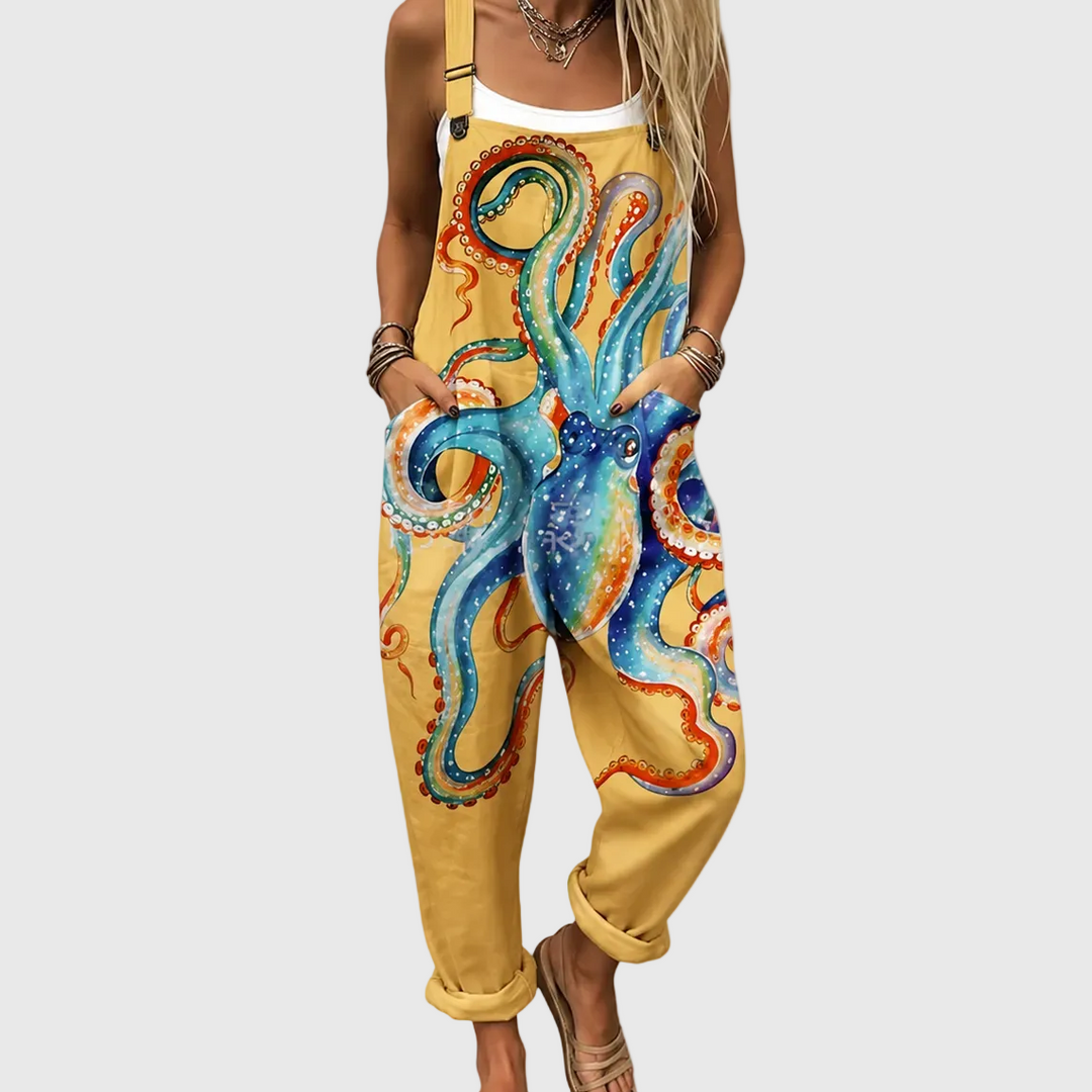 Women's relaxed fit octopus print overalls. Comfortable, unique marine pattern for casual summer fashion or vacation wear.