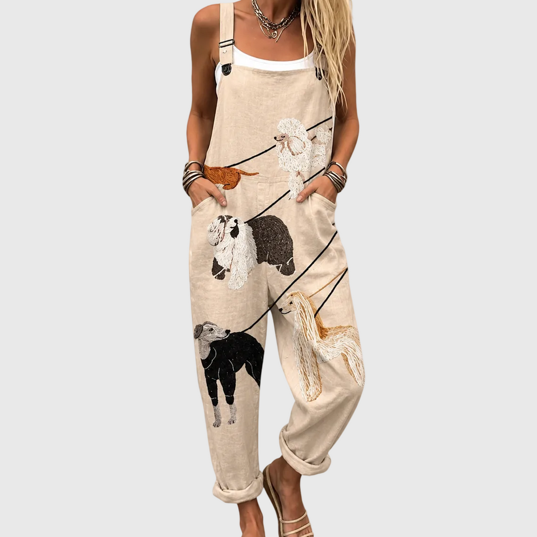 Women's relaxed fit overalls jumpsuit with elegant dog print. Comfortable casual wear with adjustable straps & pockets.