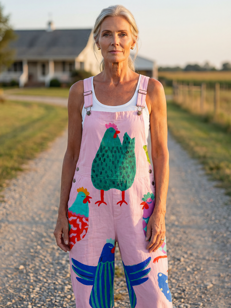 Women's relaxed fit pink jumpsuit with unique hen motif, perfect for casual summer wear & comfort.