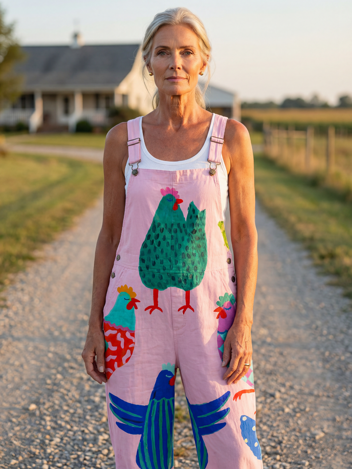 Women's relaxed fit pink jumpsuit with unique hen motif, perfect for casual summer wear & comfort.