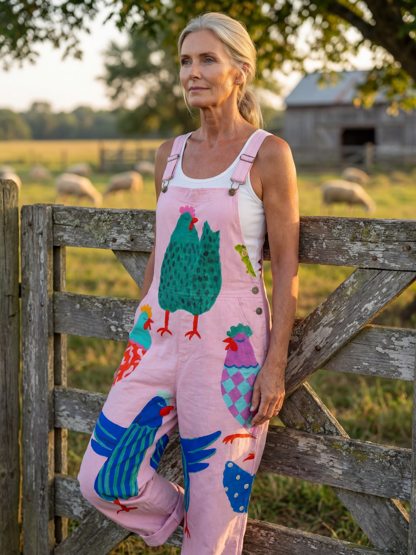 Comfortable women's relaxed fit jumpsuit, pink with hen motif, ideal for casual summer coastal style.