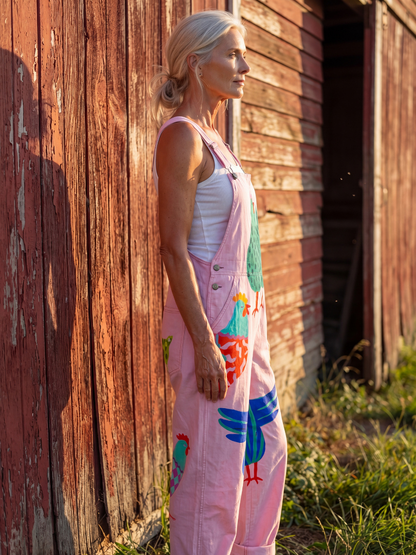 Pink women's relaxed fit straight leg jumpsuit with charming hen motif, great for all-day comfort.
