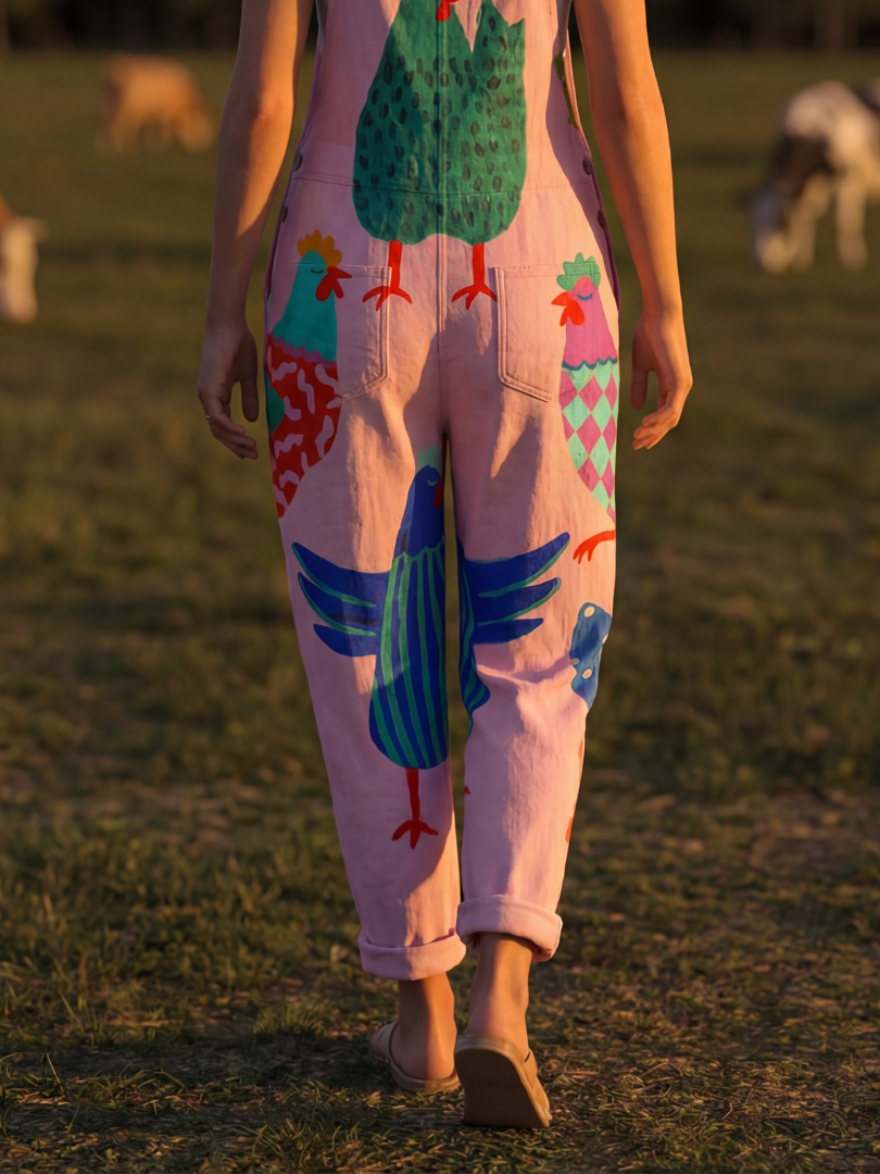 Stylish women's pink jumpsuit featuring a hen motif and relaxed fit, excellent for comfortable casual wear.