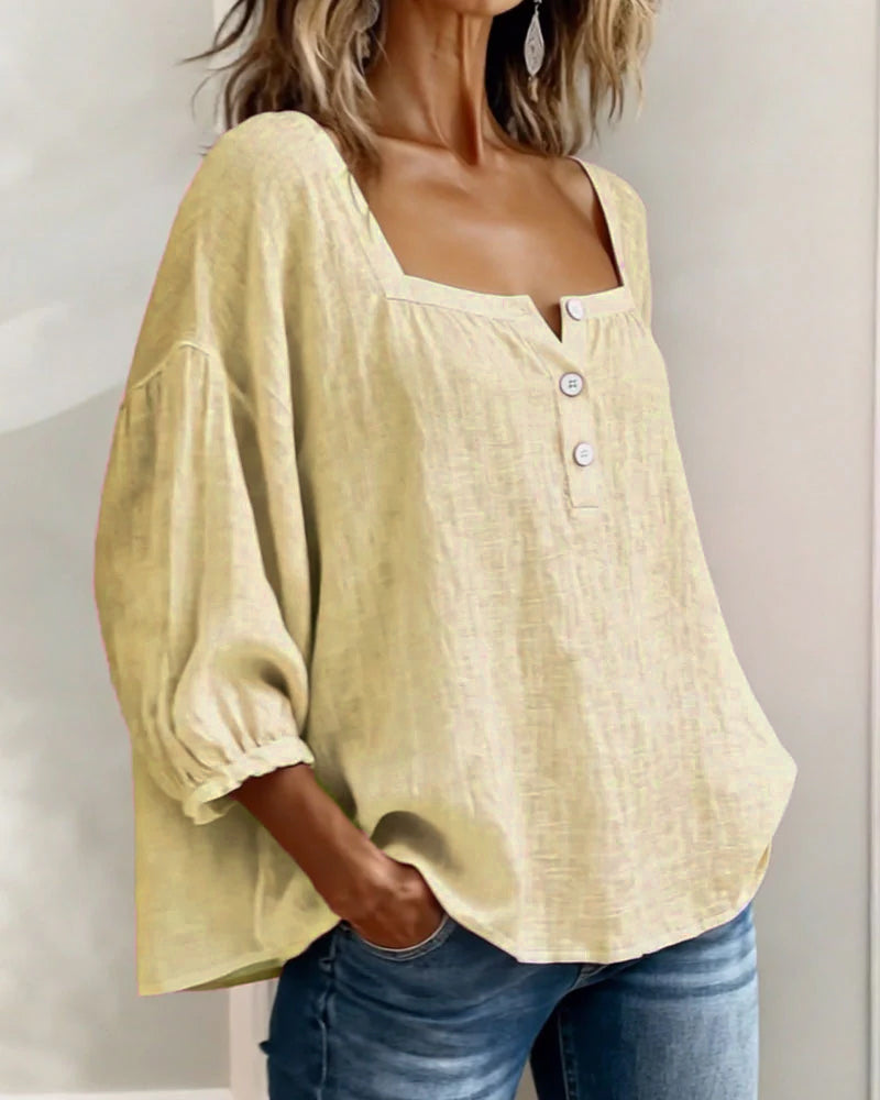 Versatile women's top: puff sleeves, square neck, button front, relaxed, for spring & summer.