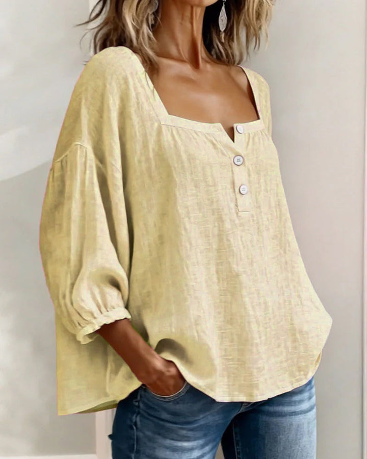 Versatile women's top: puff sleeves, square neck, button front, relaxed, for spring & summer.